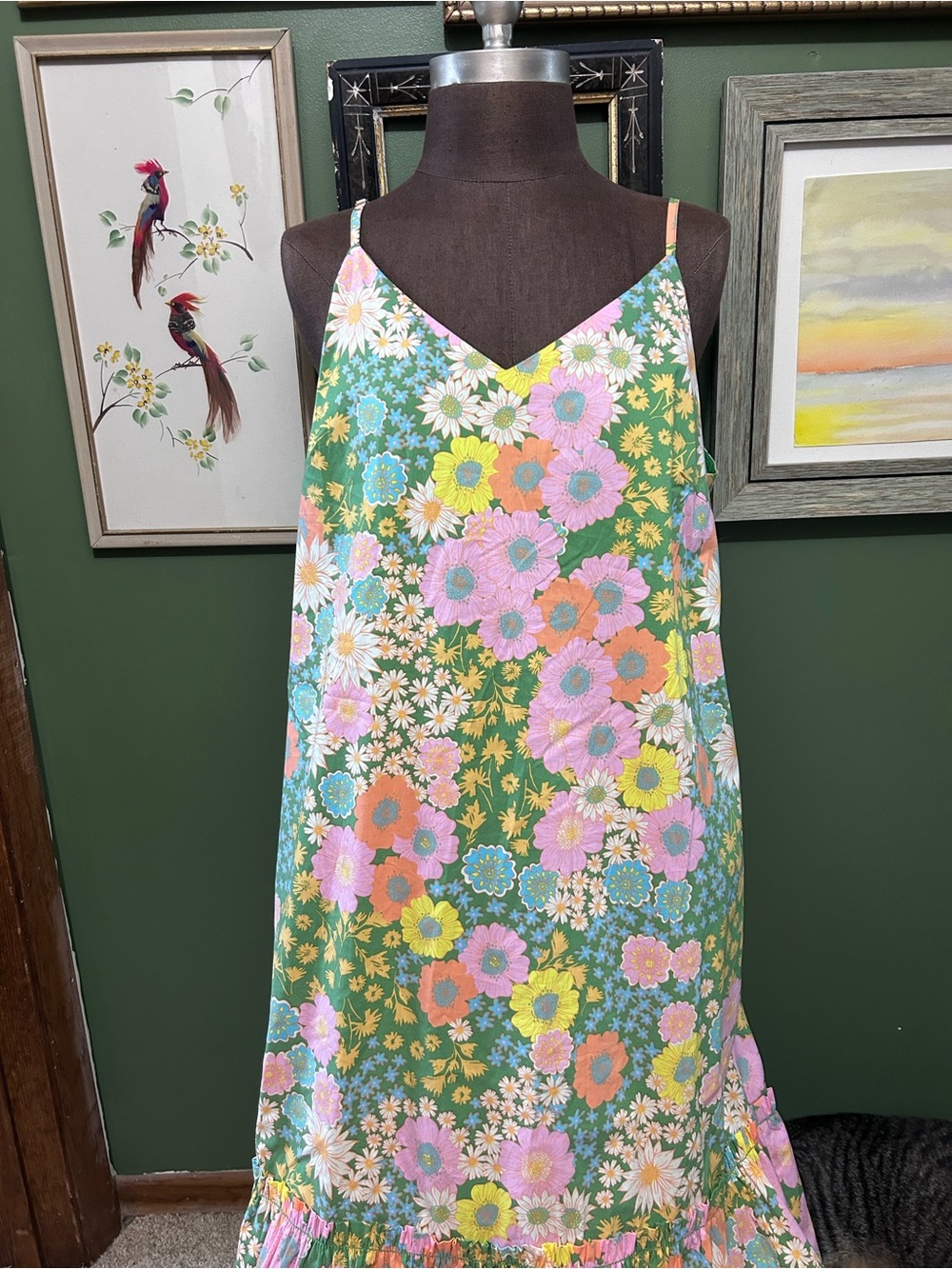 Green Floral Maxi Dress with Pastel Blooms and pockets! - Picture 2 of 7